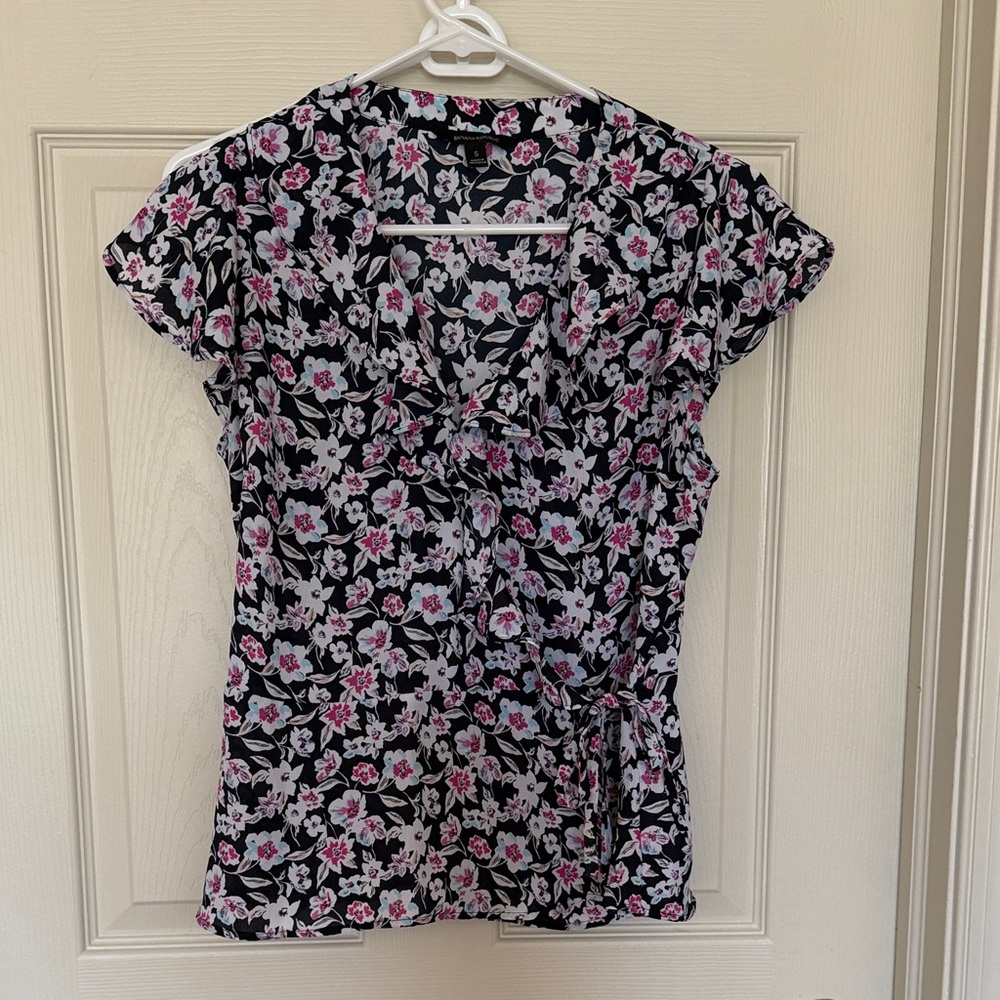 Banana Republic Black Floral Wrap Top with Pink & White Flowers